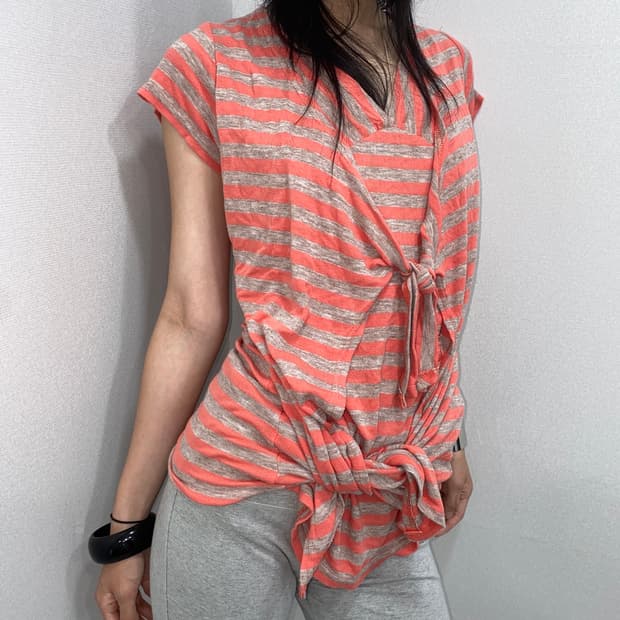 Front-Tie Fake Layered Striped Top