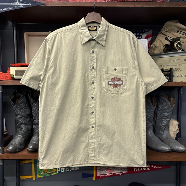 90s 할리데이비슨 V-이글스 쉴드 프린팅 옥스포드 하프셔츠 N1181