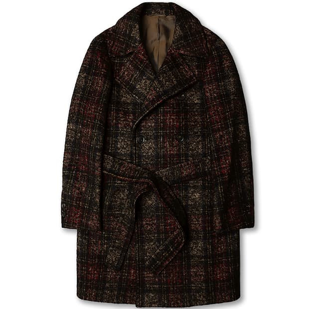 에토네 [Etonne] 버건디 체크 헤어리 벨티드 더블 코트 클래식