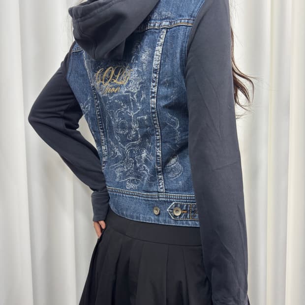 denim detail hood zipup