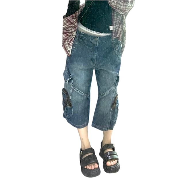 00s 아일렛포켓 워싱 버뮤다 7부카고데님팬츠 33인치 유니섹스코르티스