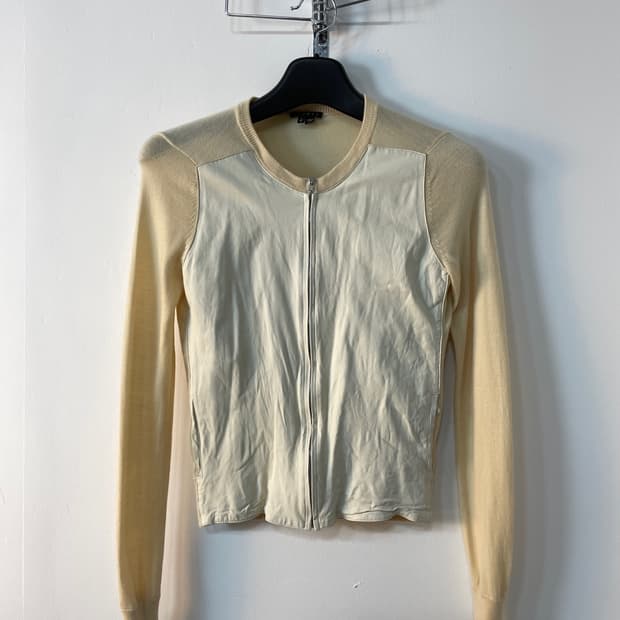 띠어리 레더 패널 니트 집업 가디건 