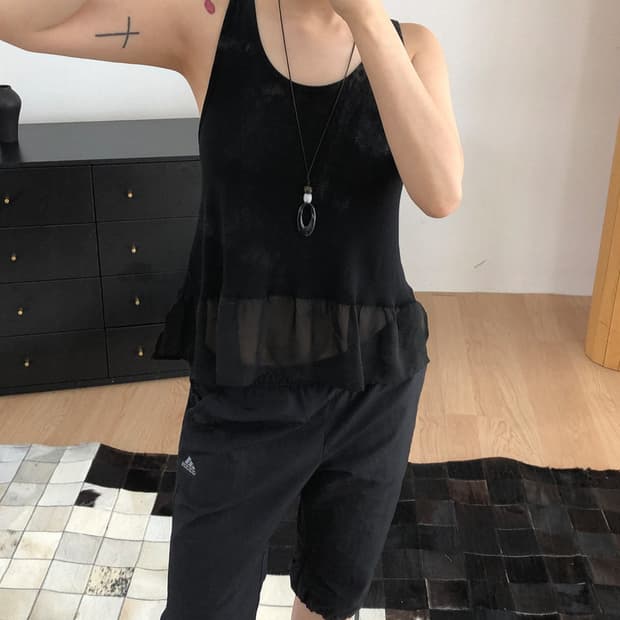 vintage black chiffon hem tank top