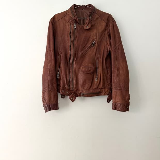 Zip aging leather jacket / orange brown