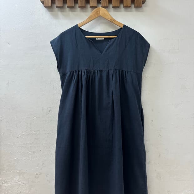 일본빈티지 네이비 린넨 코튼 포켓 디테일 플레어 레이어드 원피스