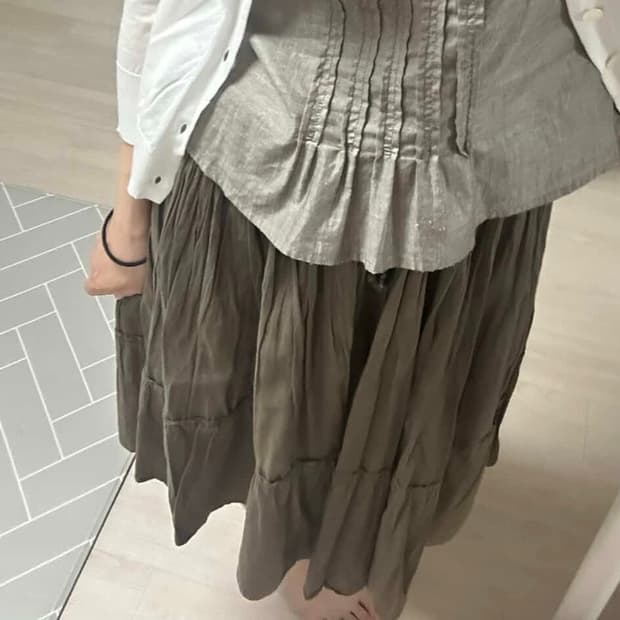 카라하나 빈티지 모리걸 히피 대장 카키 미디 스커트