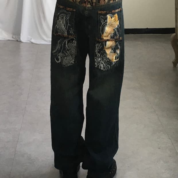 Oriental needle work denim pants