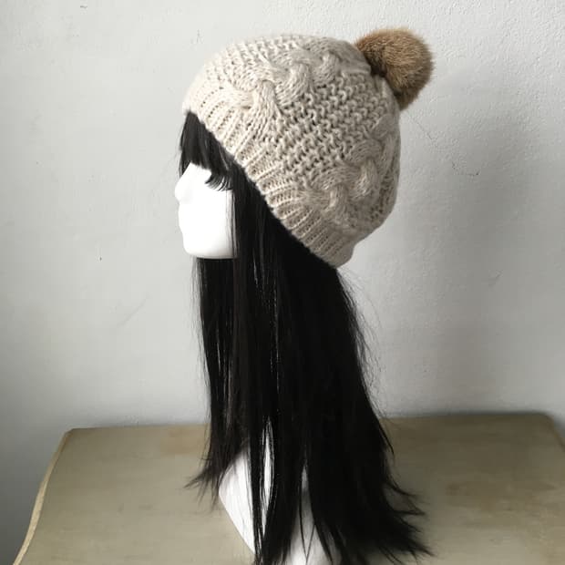 pom cable pattern knit beanie