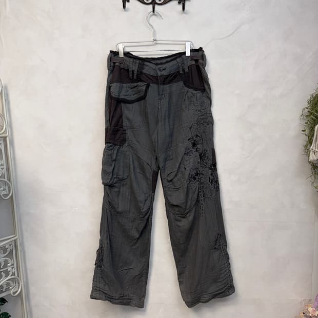 Charcoal oriental linen shirring 카고팬츠