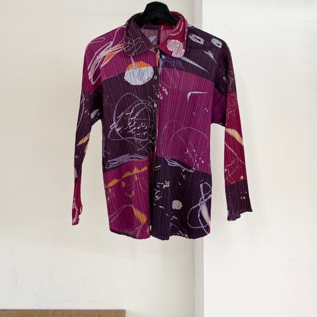 플리츠 플리즈 퍼플 핑크 패턴 버튼 자켓