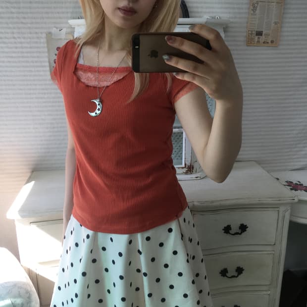 일본빈티지 오렌지 코랄 도트 레이스 반팔