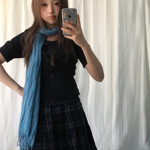 빈티지 네이비 도트 체크 니혼진 프레피 코디세트