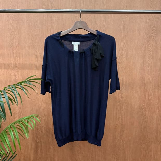 소니아 리키엘 반팔 스트라이프 티셔츠 스팽글 리본 장식 디테일 네이비