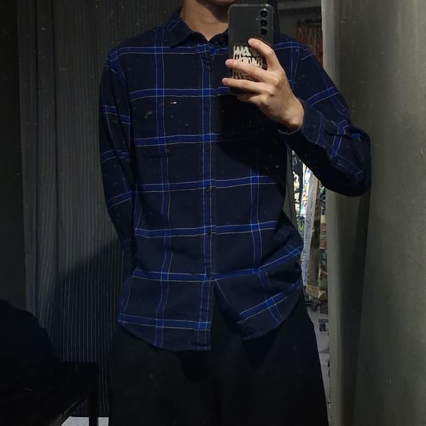 타미힐피거 타미진스 네이비 블루 체크패턴 플란넬 레귤러핏 남방 셔츠