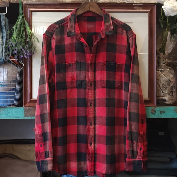 90s 빈티지 체크셔츠 헤비 플란넬 워크셔츠 썬페이딩 레드 윈도우 L