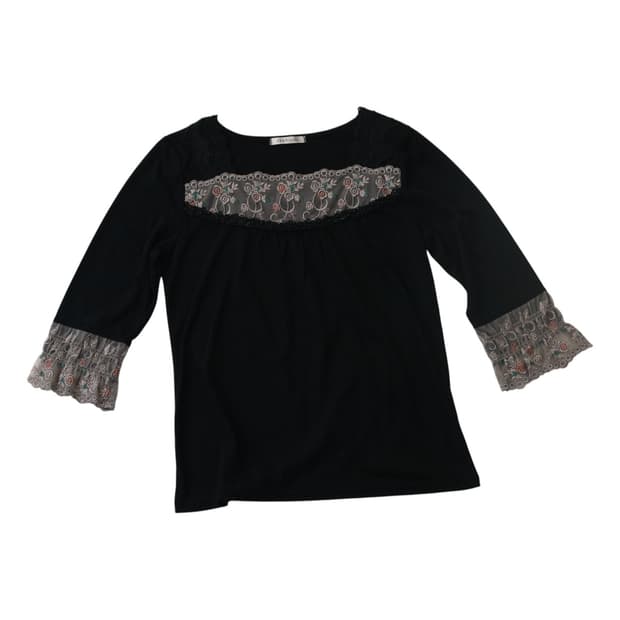 axes femme 엑세스 팜 빈티지 로즈 자수 레이스 프릴 티셔츠 M