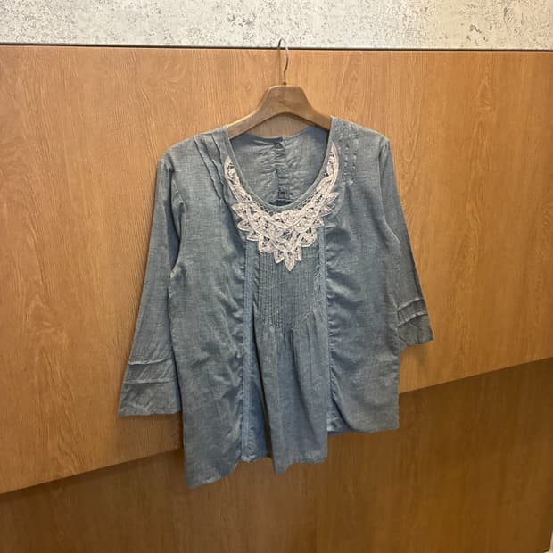 빈티지 7부 블라우스 플라워 레이스 자수 디테일 차콜 그레이 k283