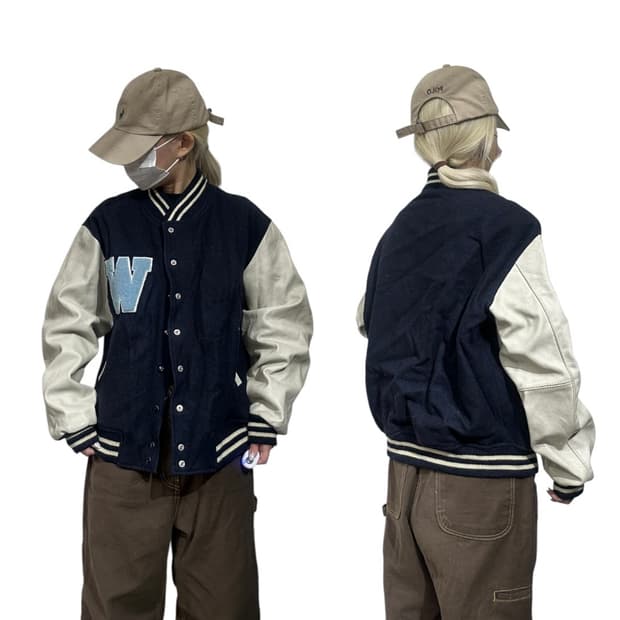 일본 빈티지 네이비 레더 울 모직 바시티 자켓 L