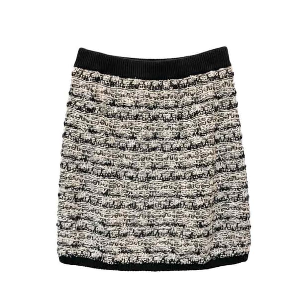 JPN VINTAGE 니트 미니 스커트 트위드 짜임 밴딩 디테일 아이보리