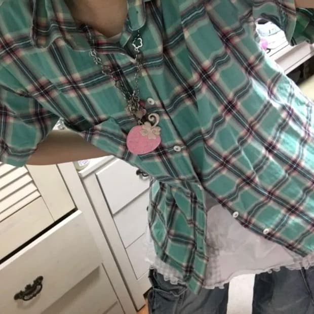 민트 체크 반팔 셔츠 남방 하구미 일본빈티지 카모메산장 마루빈티지