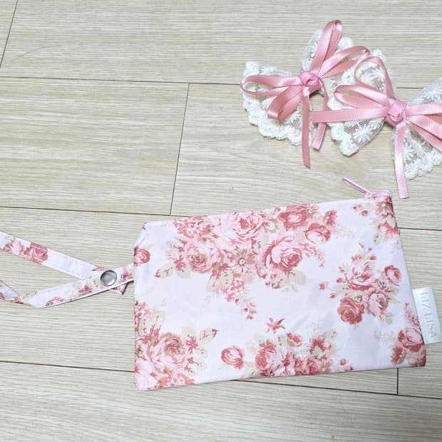 리즈리사 일본빈티지 고전)로즈장미 핑크 히메갸루 새틴파우치