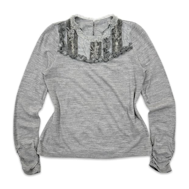 빈티지 그레이 레이스 프릴 셔링 긴팔티