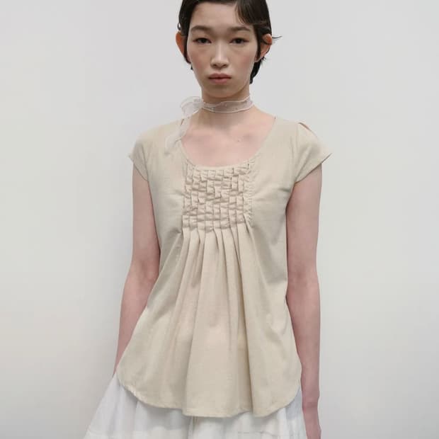 Ruffled Sleeve Cut Out Top [Beige]