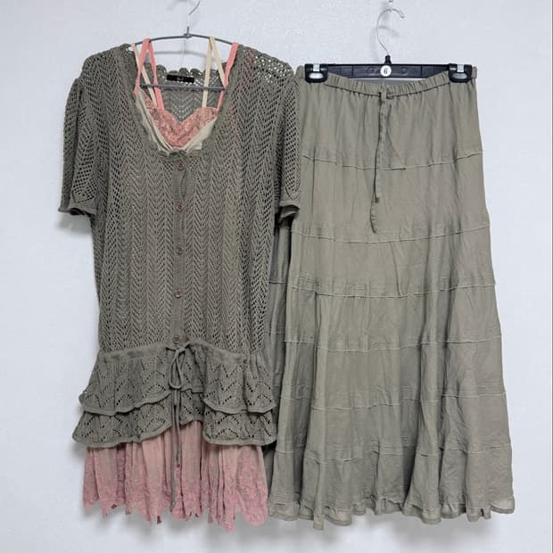 빈티지 카키 핑크 코디세트 캉캉스커트 4pcs