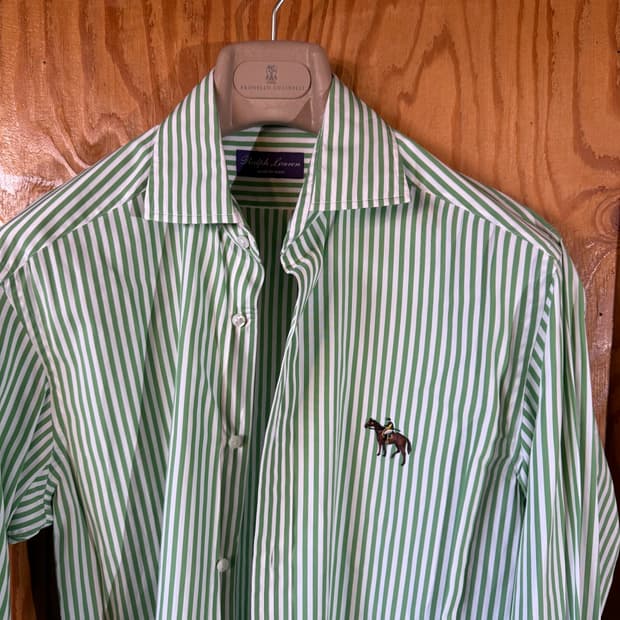 랄프로렌 퍼플라벨 그린 스트라이프 로고 드레스 셔츠