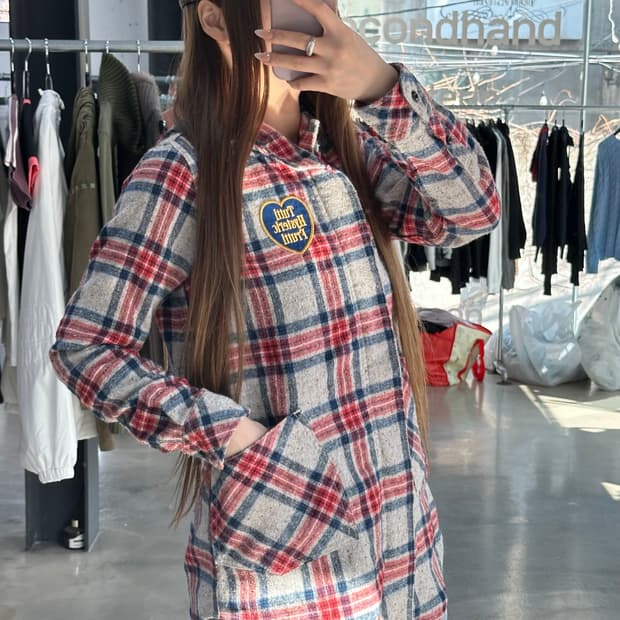 히스테릭글래머 하트로고 포켓 체크후드셔츠
