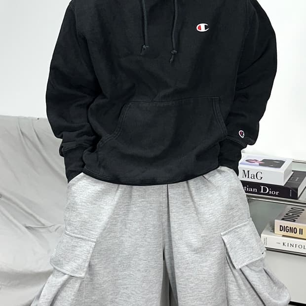챔피온 자수로고 블랙 후드티 L