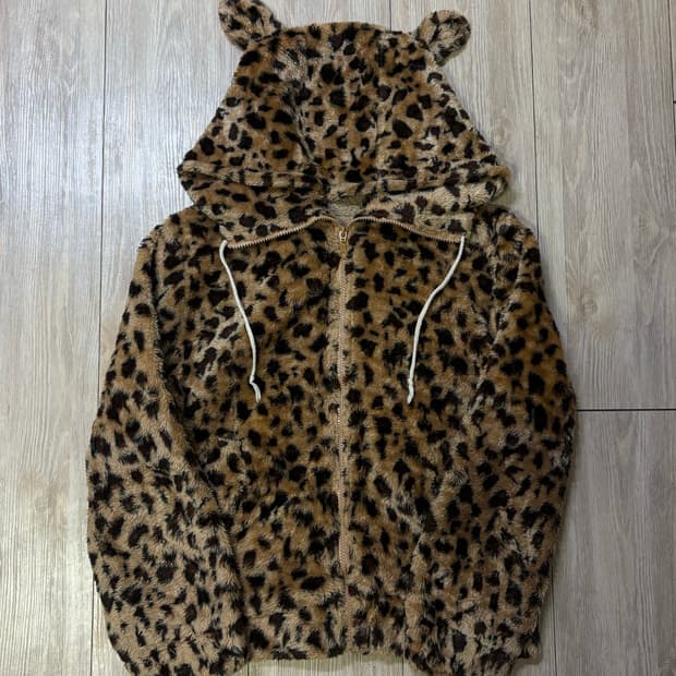 갸루 y2k 호피 레오파드 후드 퍼 집업