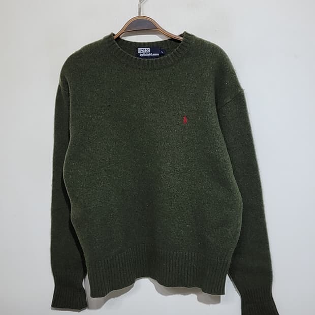 (L) 랄프로렌 폴로 니트 녹색 램스울 스웨터 라운드 