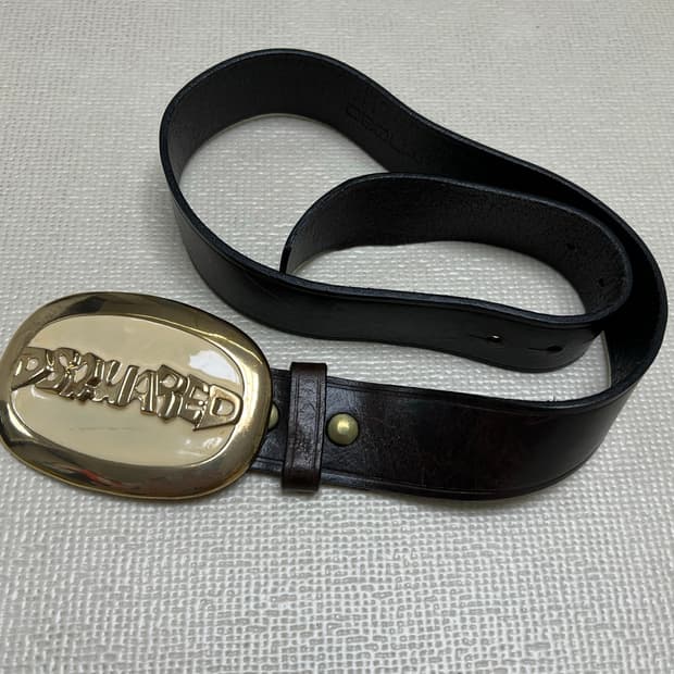 빈티지 DSQUARED² 디스퀘어드 오벌 로고 골드 버클 레더 벨트 Y2
