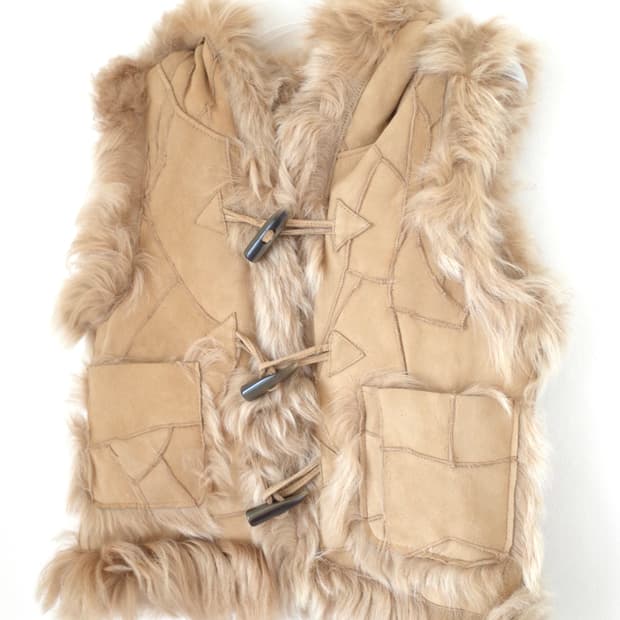 빈티지 양가죽 패치워크 스웨이드 퍼 후드 베스트