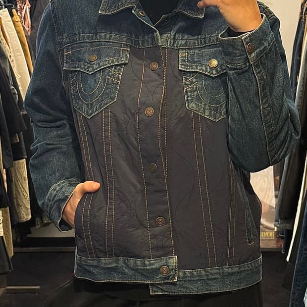 트루릴리젼 누빔 데님 믹스 트러커 청 자켓 네이비 남색 깔깔이 100 L