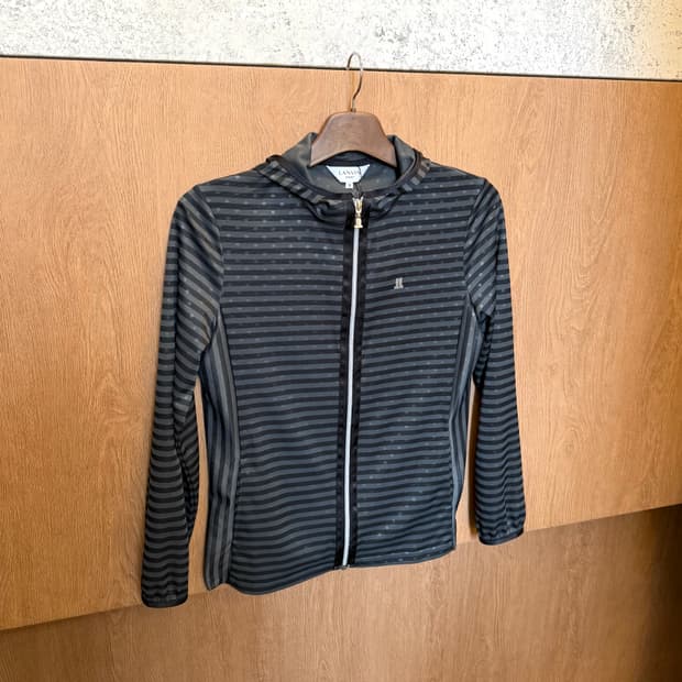 랑방 스포츠 후드 집업 스트라이프 도트 믹스 패턴 디테일 블랙 그레이