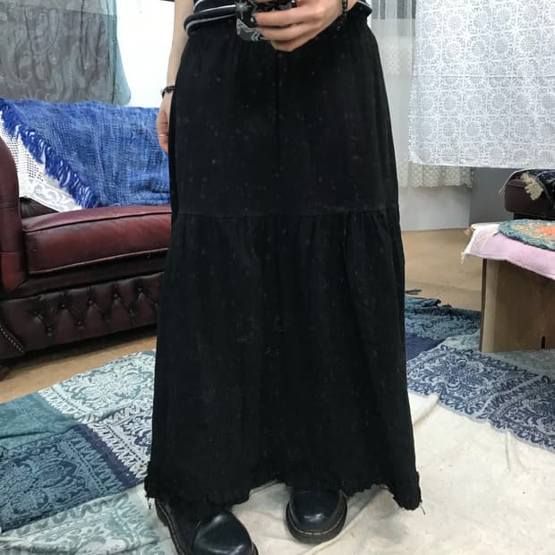 빈티지 여성 밴딩 레이스 디테일 블랙 스커트 