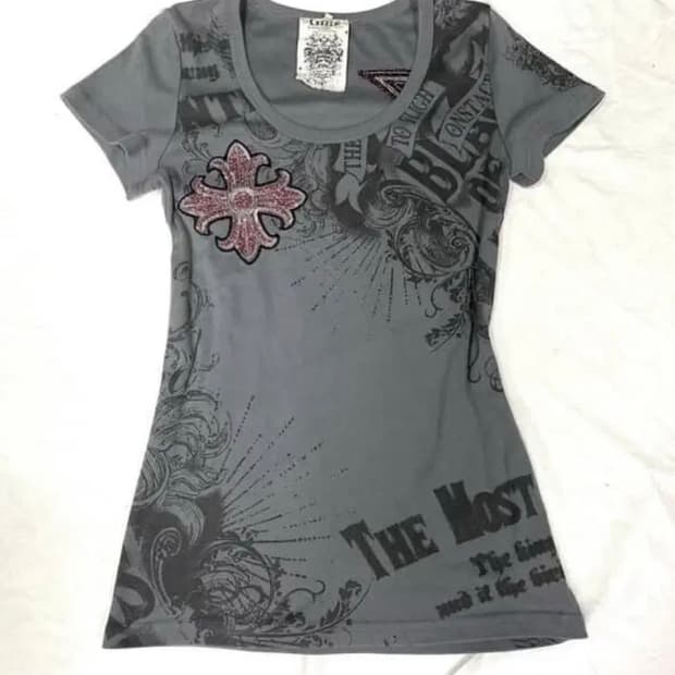 글리츠 glitz 십자가 그레이 반팔탑 갸루