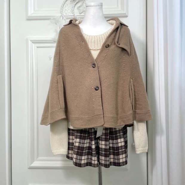 camel brown collar basic cape wool cardi