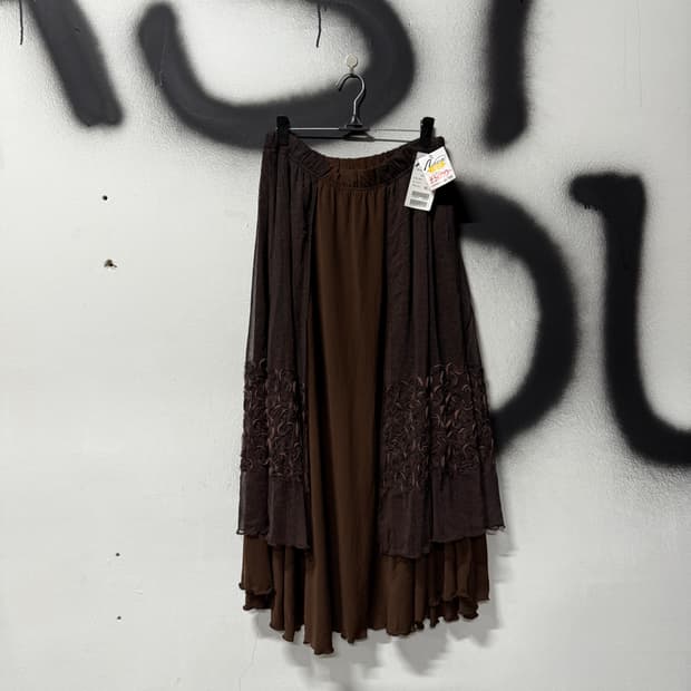 VTG 빈티지 브라운 크로셰 레이어드 밴딩 롱 스커트