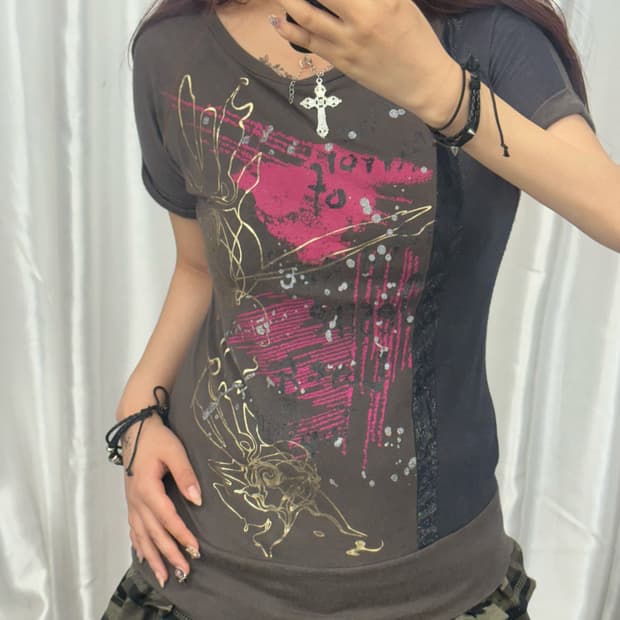 Gold line Detail Brown Short Sleeve