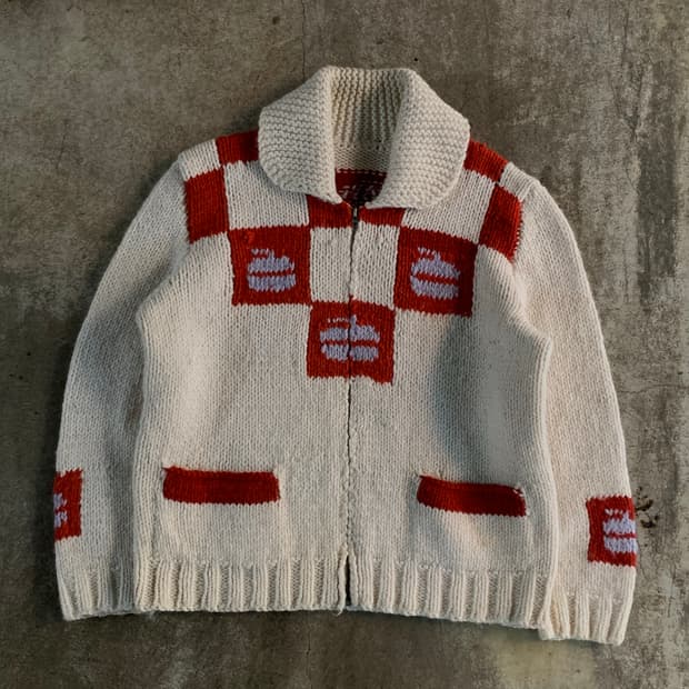 60s 핸드 니트 코위찬 집업 스웨터 컬링