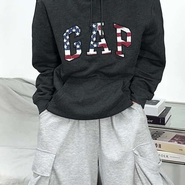 갭 차콜 성조기 빅로고 후드티 L