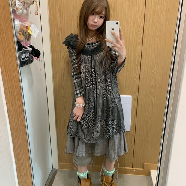 카키 패치워크 하구미 7부 셔링 카고 코디세트