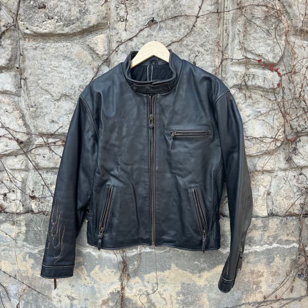 80~90s 윈드아머 입체 플레임 문양 빈티지 소가죽 싱글라이더 자켓