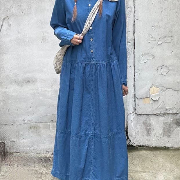 이세이미야케 HAI 체크카라 데님 롱원피스