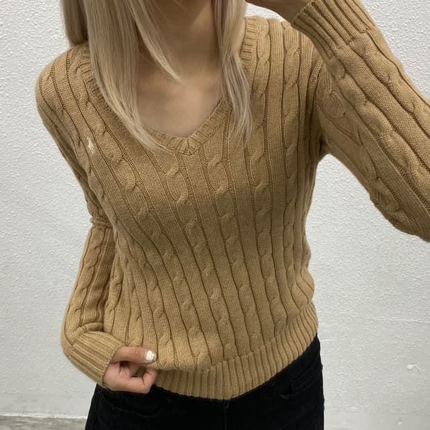 폴로 랄프로렌 화이트포니 베이지 꽈배기 브이니트 XS