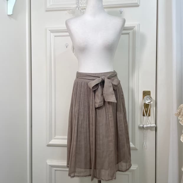 gray brown bow belt midi pleats skirt