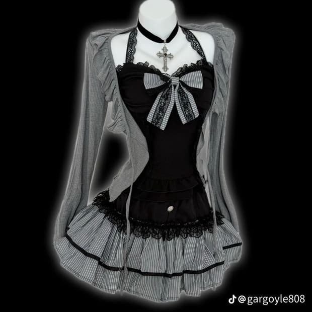 중브 고스로리 리본 가디건 스커트 셋업